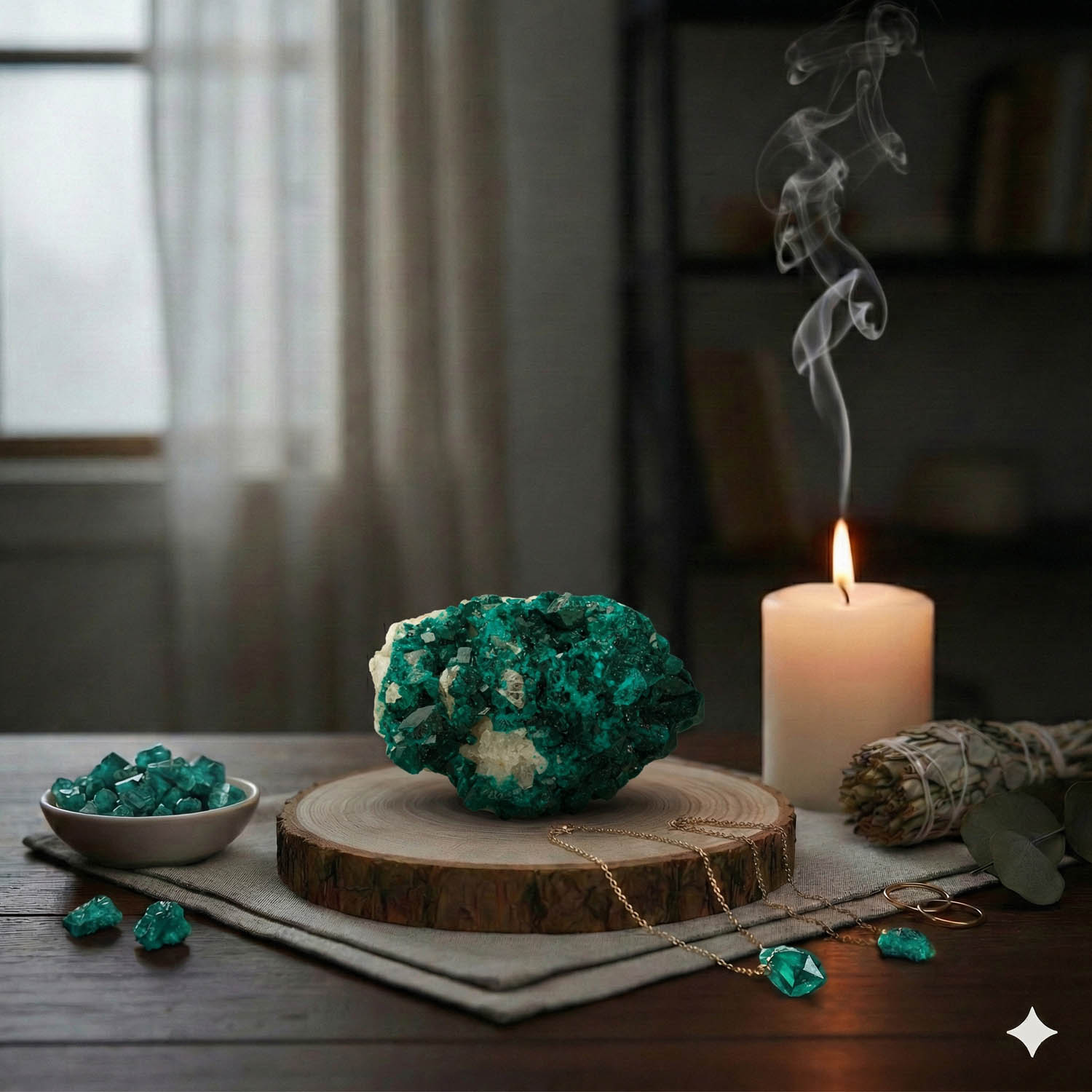 dioptase-brut-pierre-naturelle-echantillon-cristal Échantillon de pierre naturelle de dioptase brute d'un vert émeraude intense.
