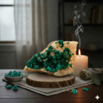 A natural raw emerald-green dioptase crystal cluster specimen.