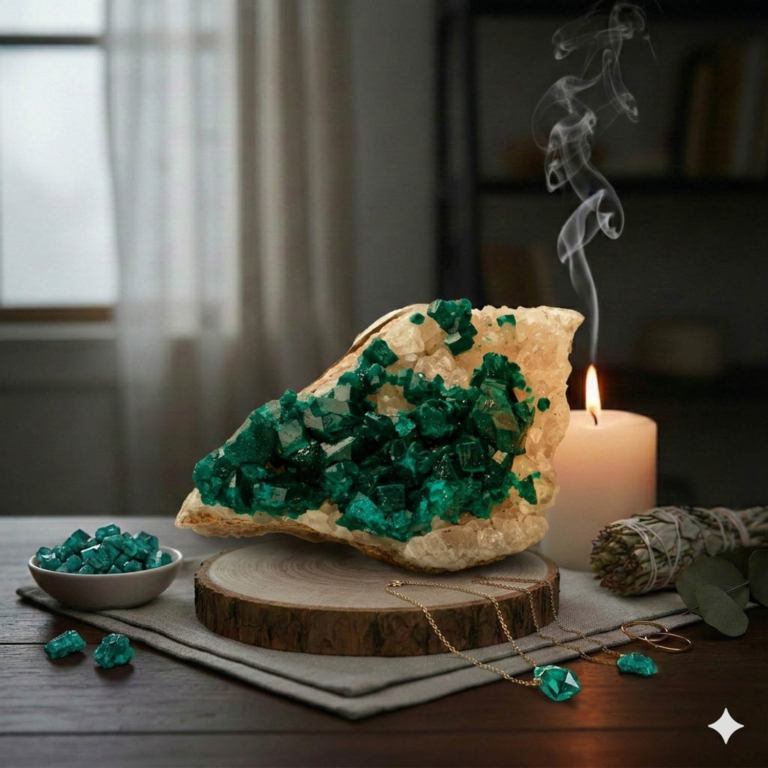 A natural raw emerald-green dioptase crystal cluster specimen.