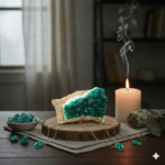 A natural raw emerald-green dioptase crystal cluster specimen.