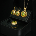 A 13.55ct natural faceted green peridot gemstone floral jewelry set crafted in gold-plated 925 sterling silver.