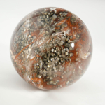 An authentic 5.6-6cm natural lodolite garden quartz crystal sphere with golden pyrite inclusions.