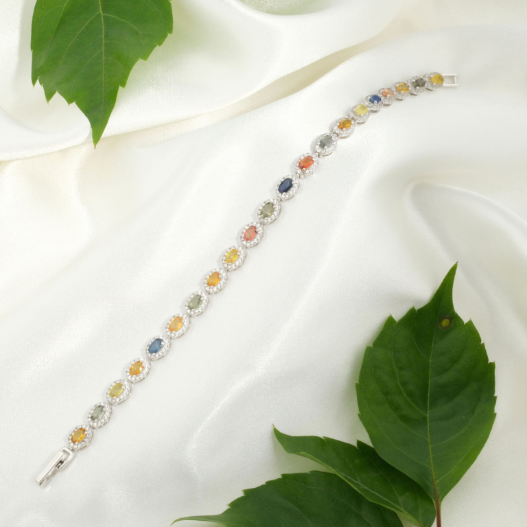 Orijinal 18 cm oval faset kesim çok renkli safir taşlı 925 ayar gümüş tasarım kadın su yolu bileklik.