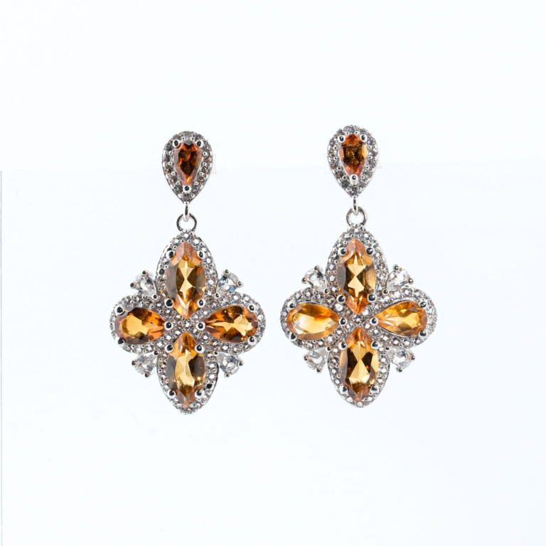 Boucles d'oreilles pendantes en argent 925 avec citrine naturelle originale en motif fleur et zircons.