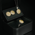 Parure de bijoux florale pour femme en argent 925 ornée de saphirs jaunes naturels taille brillant.