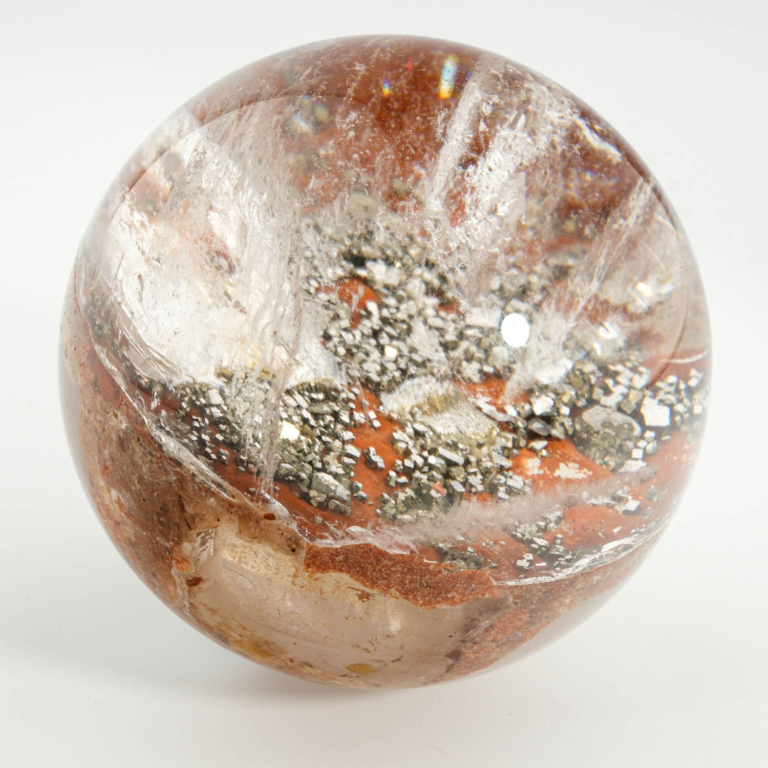 Orijinal 5-5,7 cm pirit mineral oluşumlu berrak garden kuvars doğal taş küre.