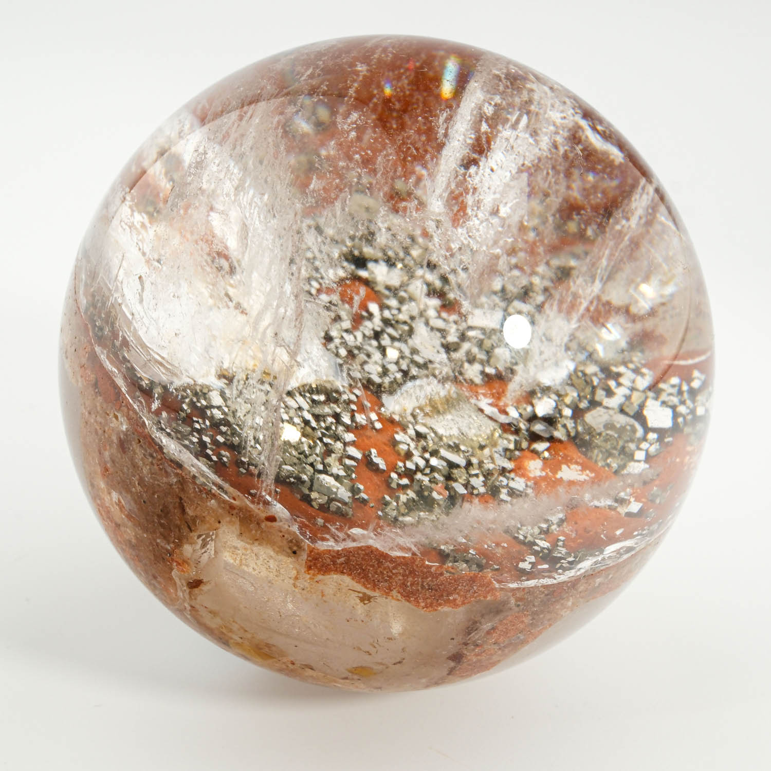 pirit-olusumlu-garden-kuvars-dogal-tas-kure-5-5-7cm Orijinal 5-5,7 cm pirit mineral oluşumlu berrak garden kuvars doğal taş küre.