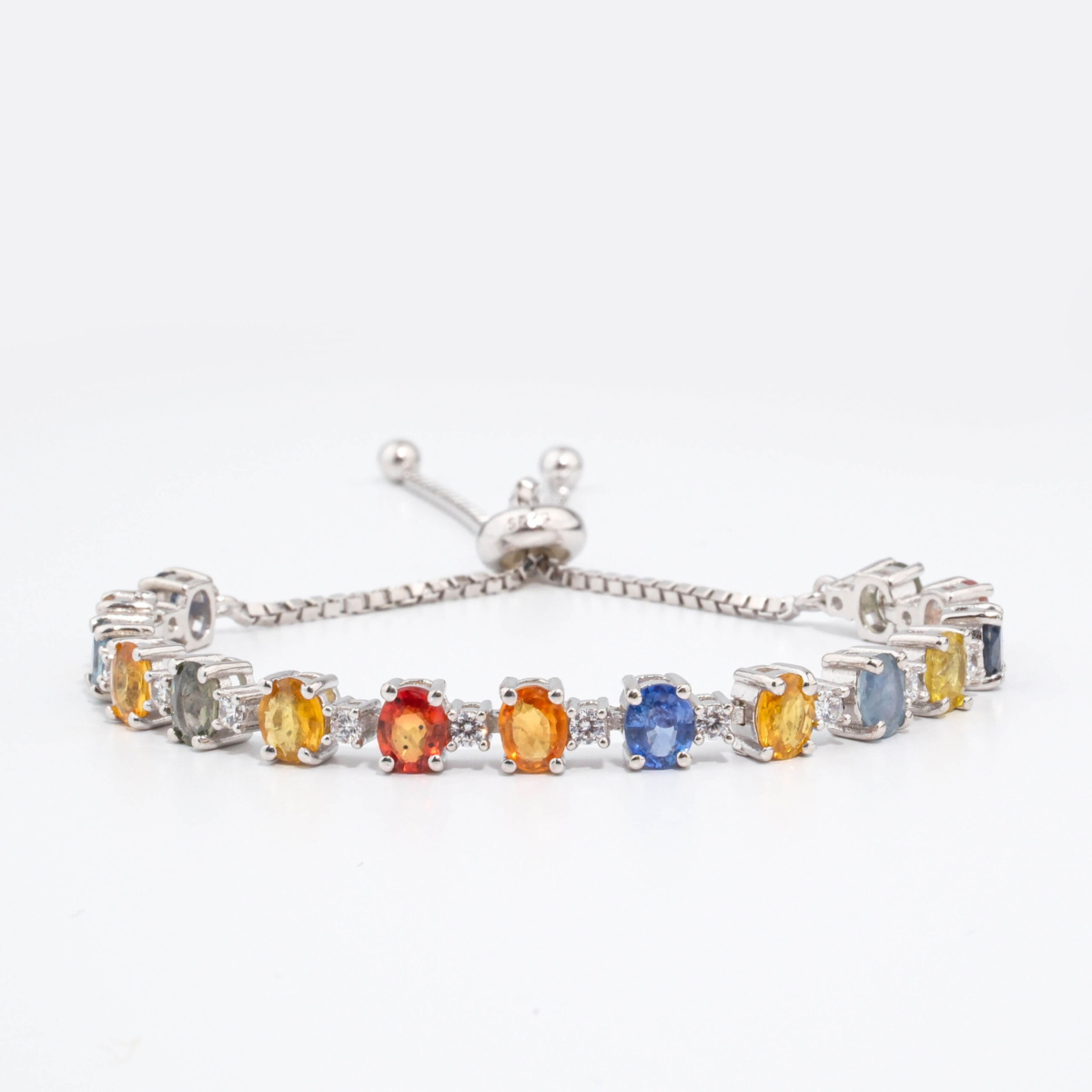 Bracelet rivière de luxe pour femme en argent 925 serti de saphirs multicolores naturels et zircons.