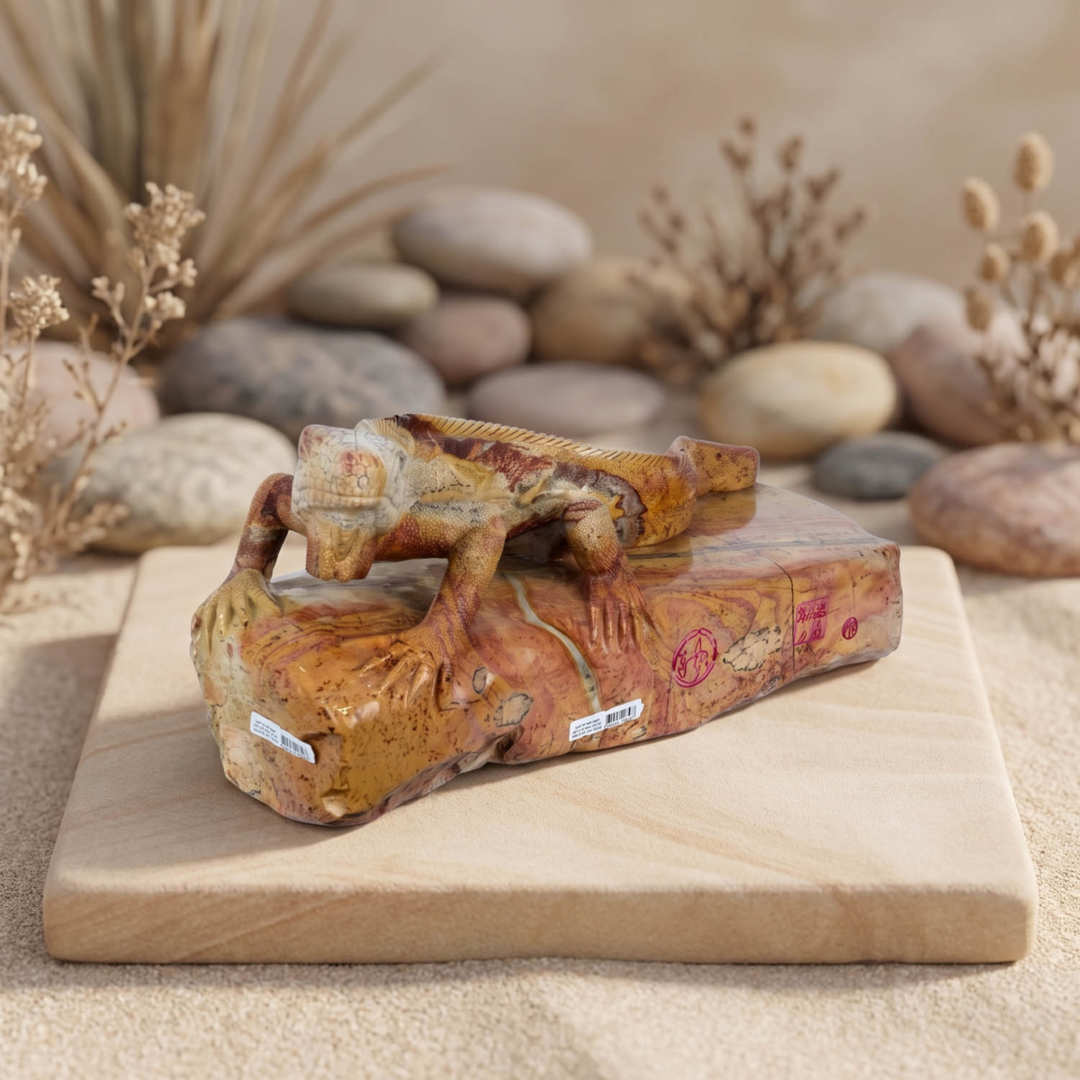 Orijinal yekpare doğal jasper taşı el oyması iguana heykeli 12150 gram dekoratif koleksiyon objesi.