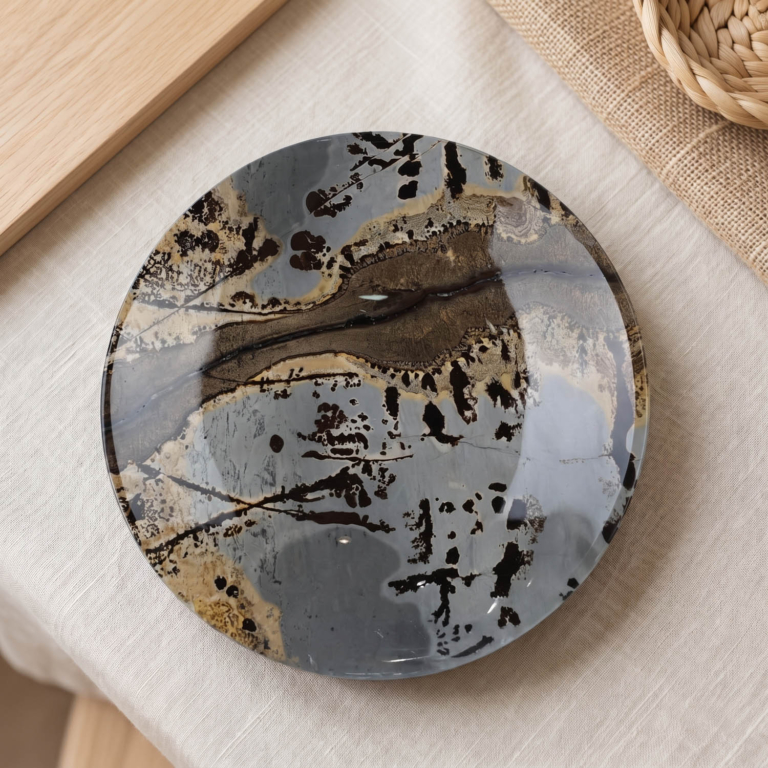 Orijinal manzaralı jasper doğal taş el işçiliği parlak cilalı dekoratif tabak 20x20cm.