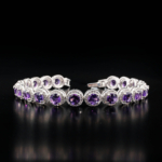 An authentic natural purple amethyst gemstone round faceted zircon halo 925 sterling silver bracelet.