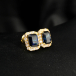 An authentic natural 3.95ct emerald-cut blue sapphire gemstone 14k gold plated 925 silver halo stud earrings.