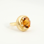 An authentic natural faceted oval golden citrine gemstone and yellow moissanite 14k gold plated 925 silver crescent moon ring.