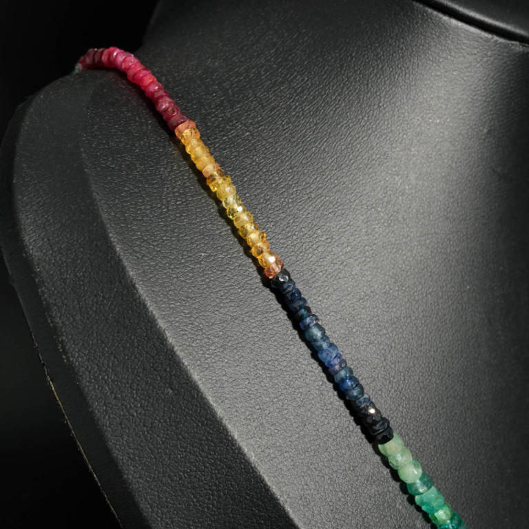 An authentic natural emerald, ruby and fancy sapphire gemstone faceted rondelle beads 925 silver necklace.[cite: 71]