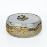 An authentic natural picture jasper gemstone hand-carved jewelry box with lid and bronze shell handle.