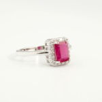 An authentic natural 1.73ct faceted emerald-cut red ruby gemstone 925 sterling silver halo ring with cz stones.