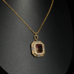 An authentic natural pink and green watermelon tourmaline gemstone baguette cut halo gold plated 925 silver pendant necklace.