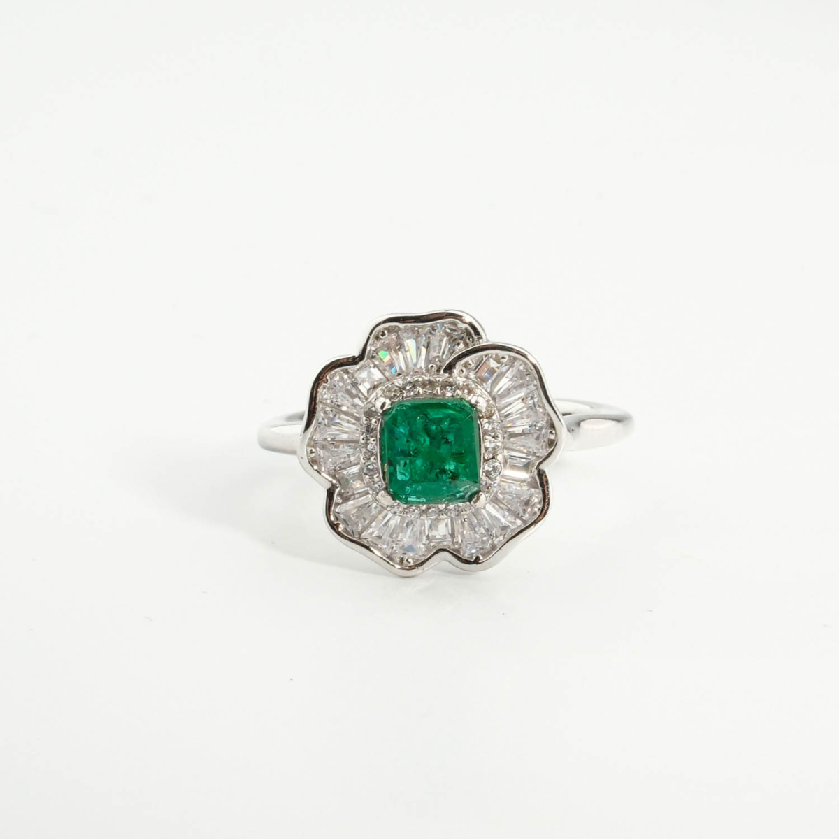 An authentic 0.81ct natural Zambian emerald radiant cut gemstone 925 sterling silver floral halo ring with baguettes.