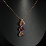 Pendentif féminin en argent 925 plaqué or rose représentant la double hélice d'ADN avec grenat et améthyste naturels.