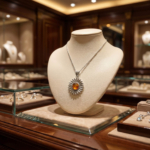 Collar de mujer de plata 925 diseñado con piedra de ámbar original y motivo de girasol.