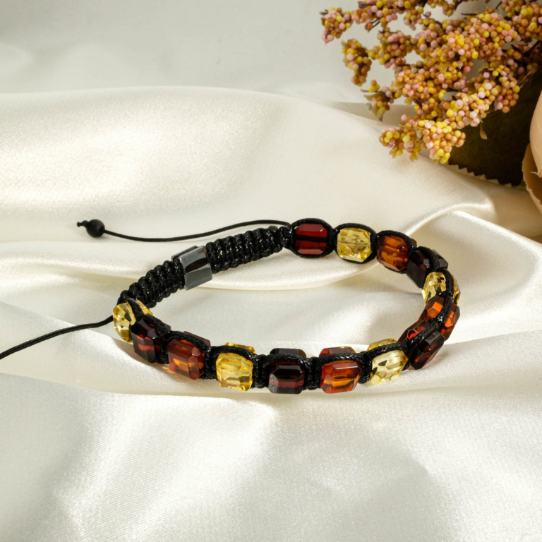 Genuine certified Baltic amber faceted beads black macrame braided adjustable bracelet
