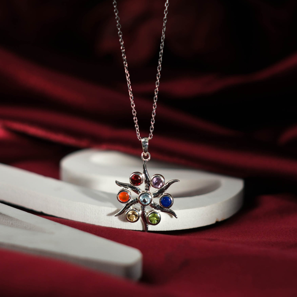Genuine natural 7 chakra multi gemstone faceted sun 925 sterling silver women pendant necklace.
