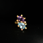 Genuine natural purple amethyst and sky blue topaz pear cut faceted stones with yellow sapphire accents gold plated 925 silver ring.