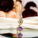 Genuine natural trillion cut yellow citrine and purple amethyst pendant with blue topaz accents 925 sterling silver chain reflection.