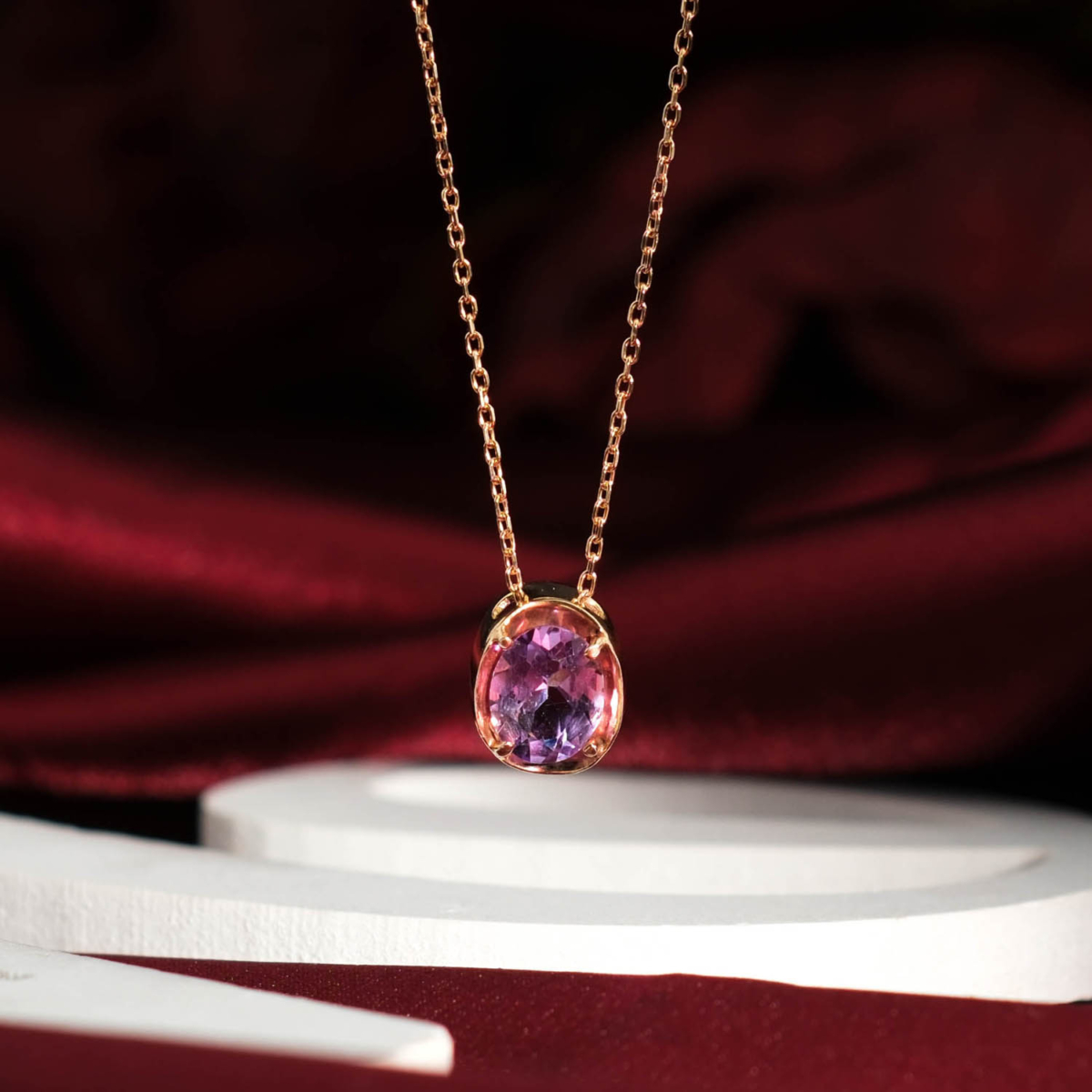 Genuine natural purple amethyst faceted oval gemstone pendant rose gold plated 925 sterling silver chain necklace.