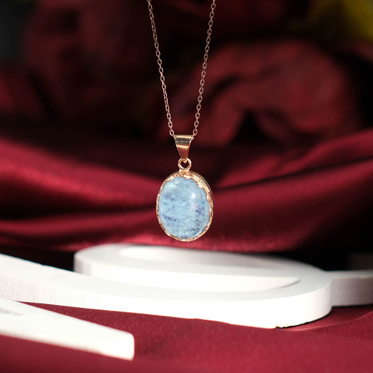 Genuine natural light blue aquamarine oval cabochon rose gold plated 925 sterling silver women pendant necklace