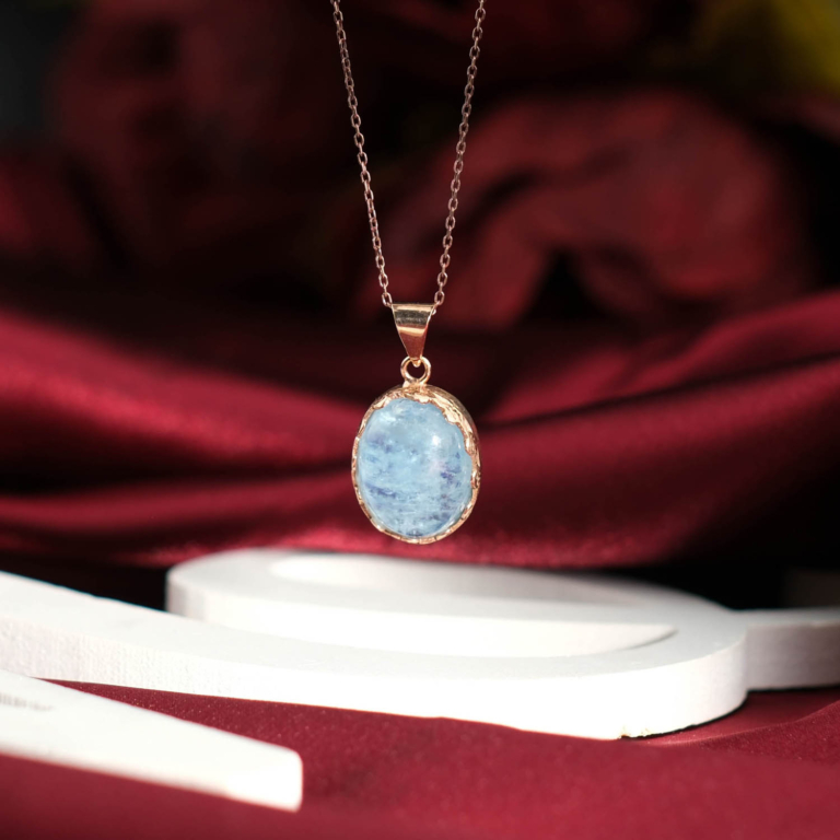 Genuine natural light blue aquamarine oval cabochon rose gold plated 925 sterling silver women pendant necklace