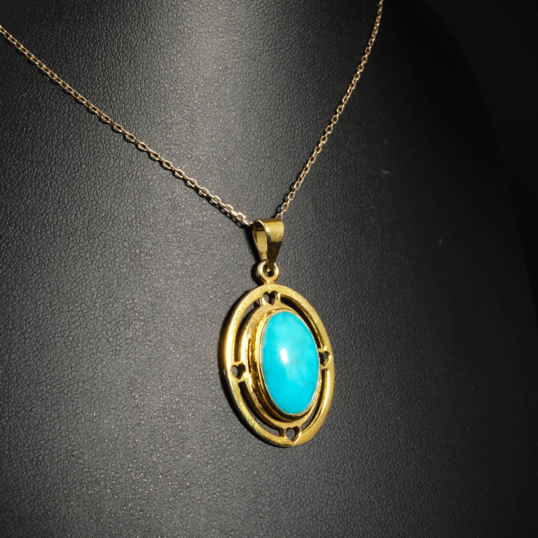 Genuine natural Arizona turquoise oval cabochon gold plated 925 sterling silver unisex pendant necklace.