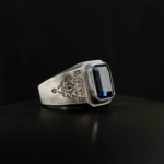 Genuine natural blue sapphire baguette cut 925 sterling silver artisan engraved unisex ring 5.20ct.