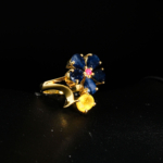 Genuine natural blue sapphire floral cluster with yellow sapphire and ruby accent yellow gold plated 925 sterling silver ring.