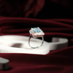 Genuine natural sky blue topaz emerald cut baguette halo 925 sterling silver statement ring 8.5ct.