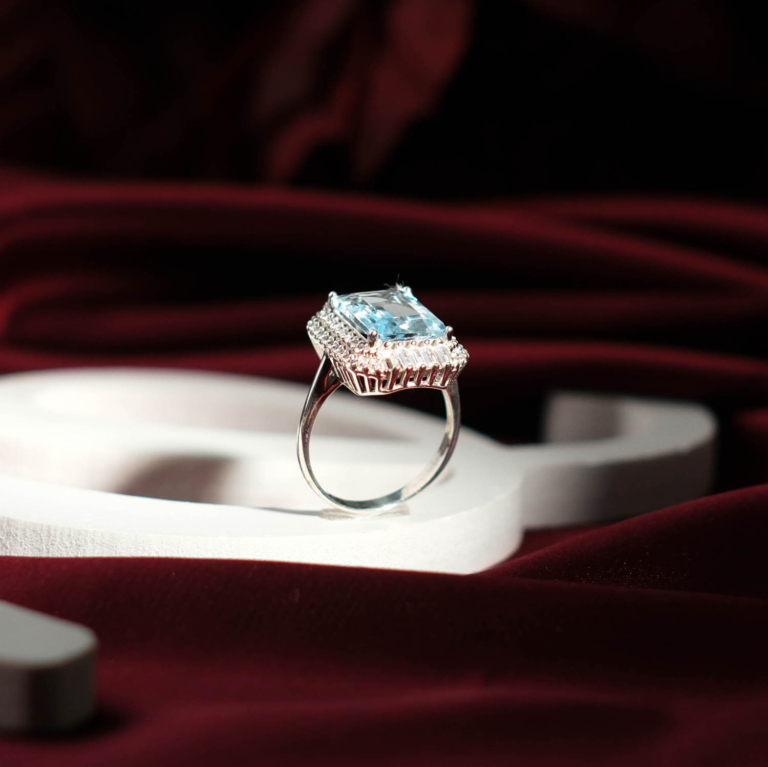 Genuine natural sky blue topaz emerald cut baguette halo 925 sterling silver statement ring 8.5ct.