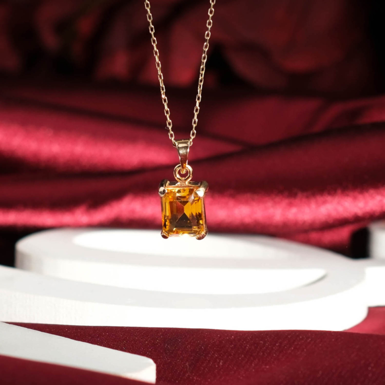 Genuine natural honey yellow citrine baguette cut gemstone yellow gold plated 925 sterling silver women pendant necklace.