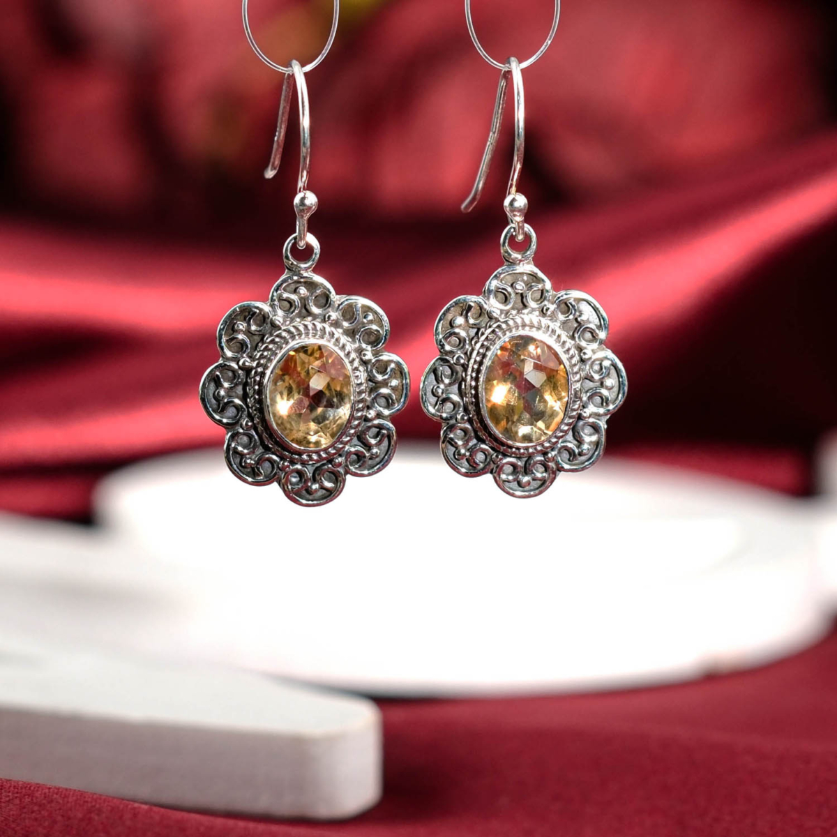 Genuine natural yellow citrine oval faceted gemstone filigree floral 925 sterling silver dangle earrings