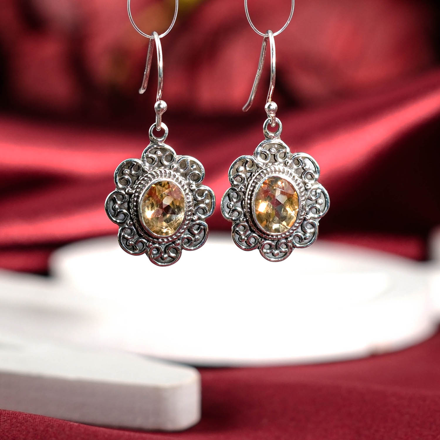 natural-citrine-oval-faceted-filigree-flower-silver-dangle-earrings Genuine natural yellow citrine oval faceted gemstone filigree floral 925 sterling silver dangle earrings