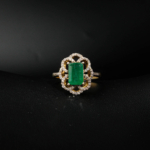 Genuine natural green baguette emerald gemstone diamond mount halo yellow gold plated 925 sterling silver statement ring