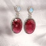Genuine natural deep red faceted oval garnet and cabochon opal diamond halo 925 sterling silver dangle earrings.