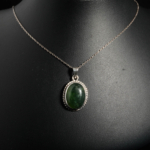 Genuine natural green nephrite jade oval cabochon 925 sterling silver rope bezel unisex pendant necklace[