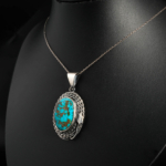 Genuine natural matrix turquoise oval cabochon multi rope bezel 925 sterling silver unisex pendant necklace.