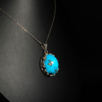Genuine natural Neyshabur turquoise oval cabochon 925 sterling silver crown bezel pendant necklace.