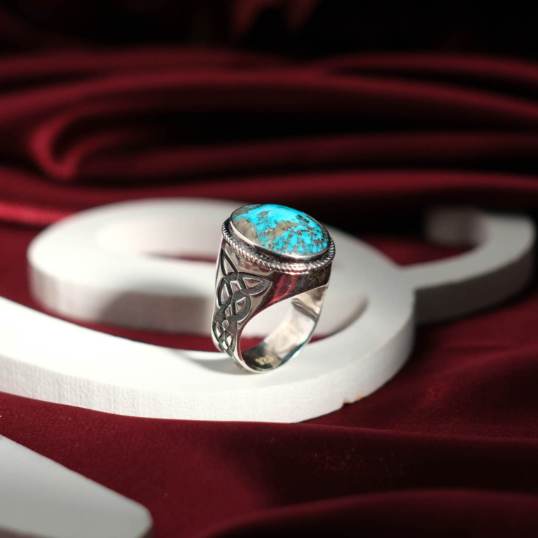 Genuine natural Persian Nishapur turquoise oval cabochon Celtic knot 925 sterling silver unisex ring.