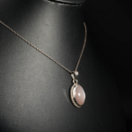 Genuine natural peach moonstone oval cabochon 925 sterling silver rope bezel pendant necklace.