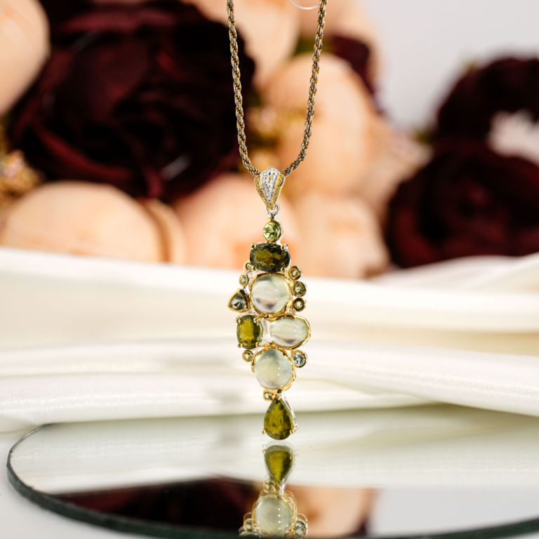 Genuine natural light green prehnite cabochon and olive peridot faceted cluster pendant 925 sterling silver chain reflection.