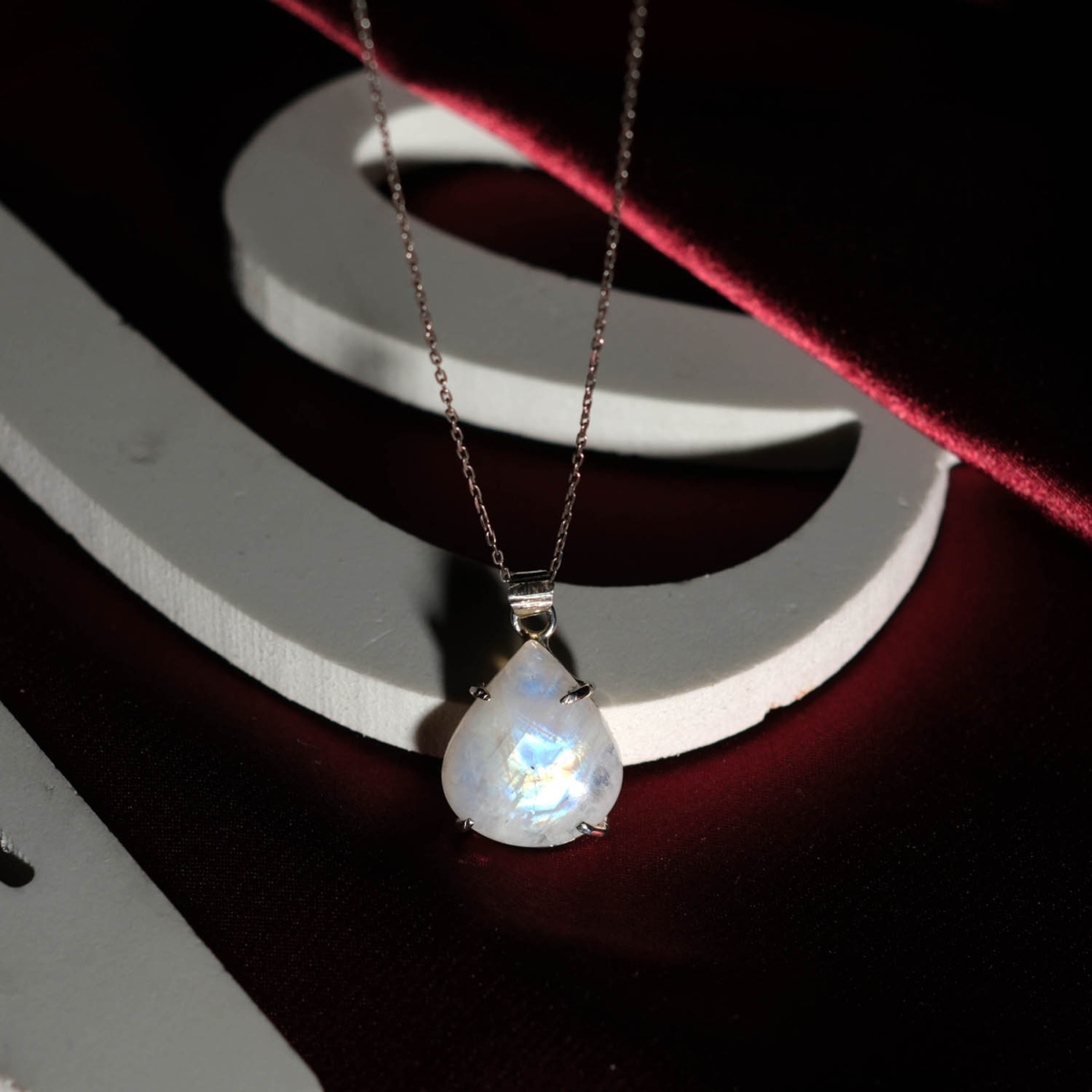 Genuine natural rainbow moonstone faceted teardrop gemstone 925 sterling silver chain necklace