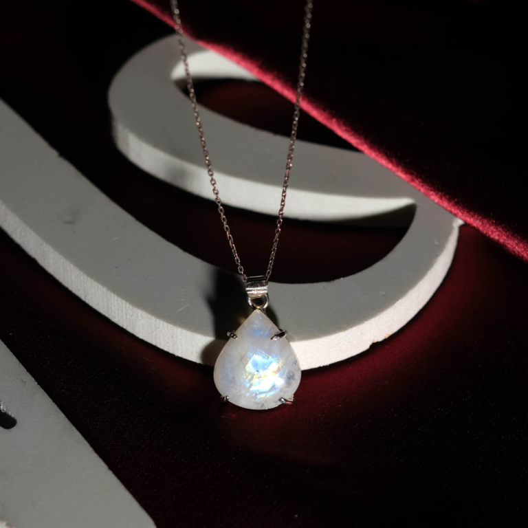 Genuine natural rainbow moonstone faceted teardrop gemstone 925 sterling silver chain necklace