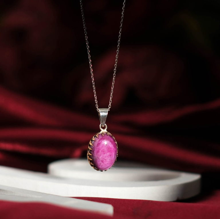 Genuine natural raw ruby oval cabochon lace prong bezel 925 sterling silver women pendant necklace.